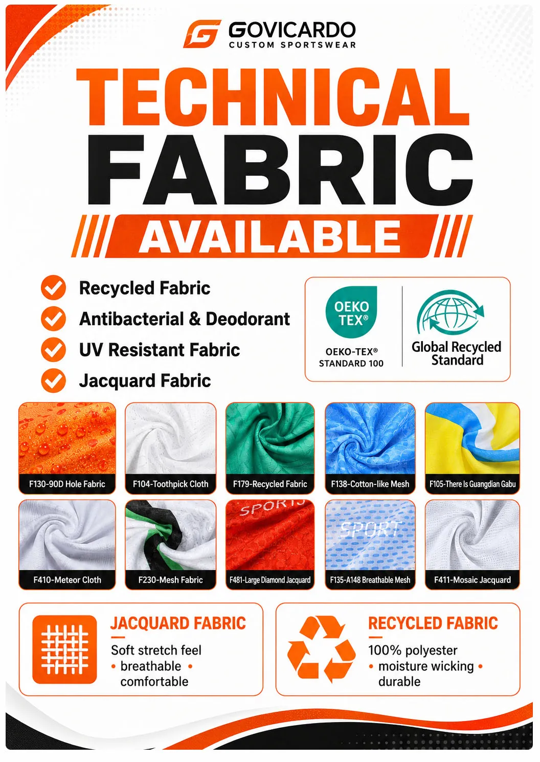 Technical sportswear fabrics including recycled, antibacterial, UV resistant and jacquard materials