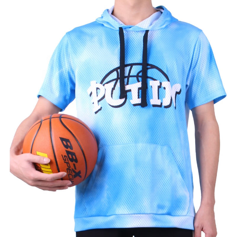 Custom Sublimation Hooded Mesh Men'S Basketball T Shirt With Pockets Breathable Quick Dry Training Basketball Shooting Shirt