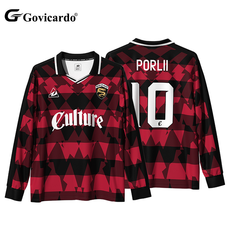 OEM Custom High Quality Long Sleeve Vintage Soccer Shirts Oversize Retro Design Automated Cutting Embroidery Logo Streetwear