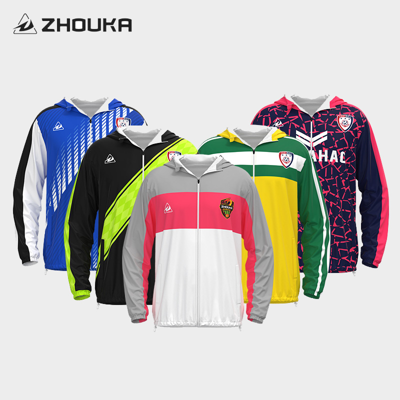 High Quality Custom Sublimated Soccer Windbreaker Jacket for Men Full Zipper Hooded Waterproof Training Automated Cutting