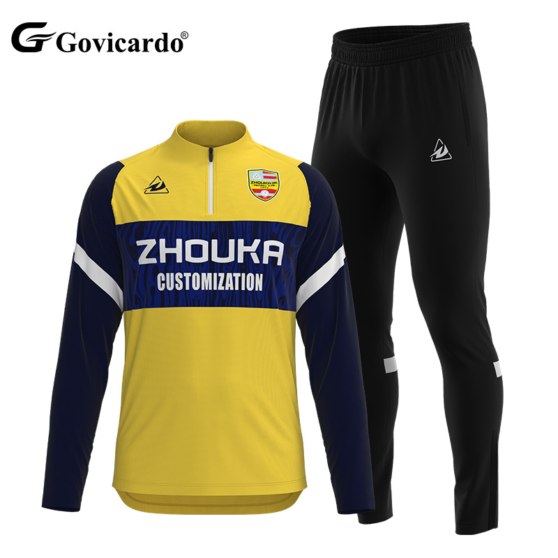OEM 100% Polyester Men's Soccer Pullover Jacket Custom Sublimation 1/4 Zipper Tracksuit Sports Training Sets Automated Cutting