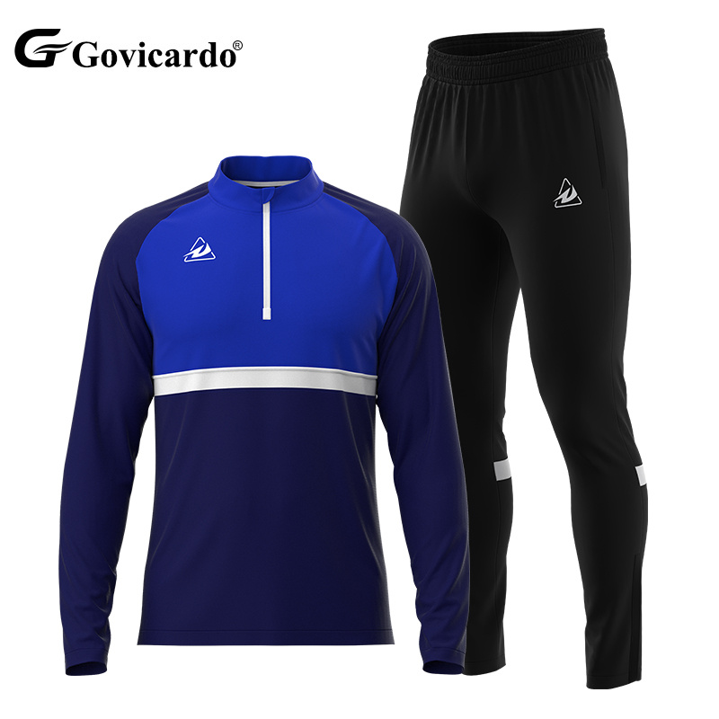 Custom Design Logo Club 1/4 Quarter Zip Pullover Training Shirt and Pant Black Tracksuit Football Soccer Training Tracksuits Set