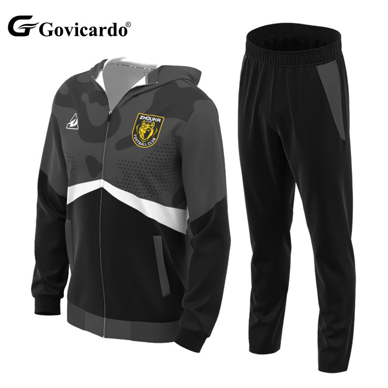 Wholesale Custom Outdoor Breathable Polyester Adult Football Tracksuit Full Zipper Hoodie Soccer Jacket Sets OEM Service