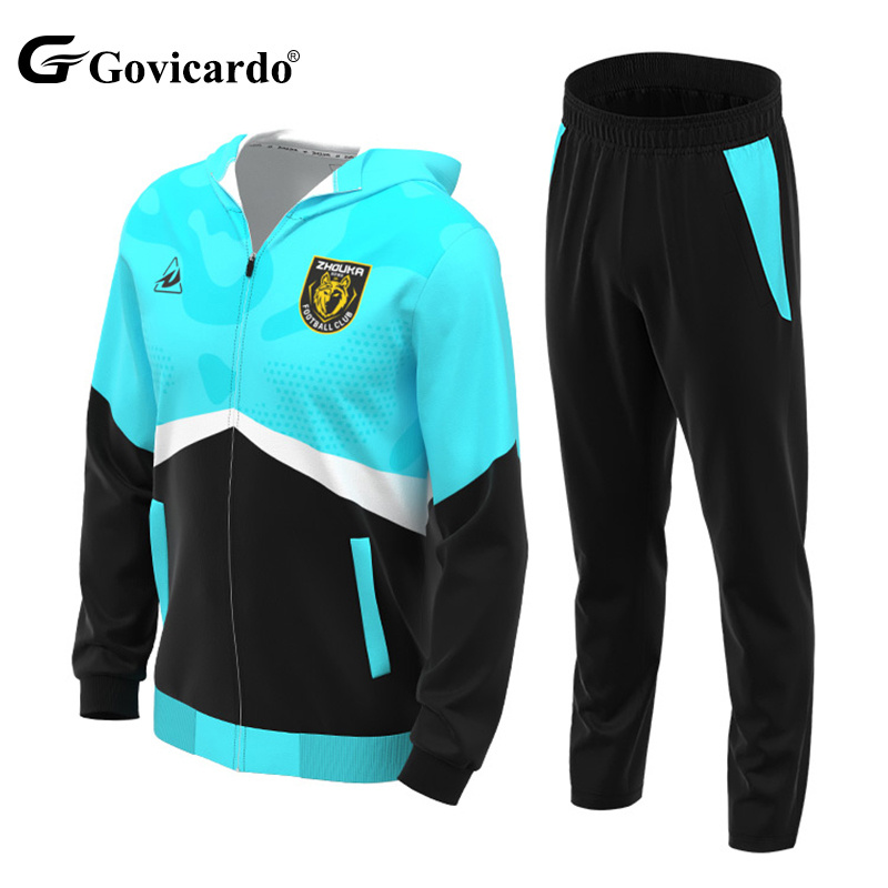OEM Custom Sport Team Printing Logo Football Jacket Sets Outdoor Trainig Long Sleeve Hoodie Full Zipper Men Soccer Tracksuit