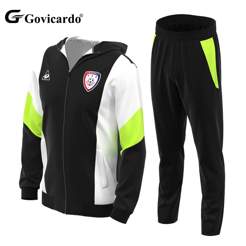 Factory Sales Low MOQ Custom Team Club Logo Pattern Football Jacket Set Long Sleeve Full Zipper Warm Training Soccer Tracksuit