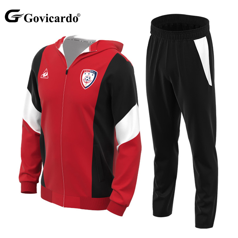 High Quality Custom Wholesale Sublimation Printing Logo Men Soccer Jacket Sport Long Sleeved Hooded Adult Football Tracksuit