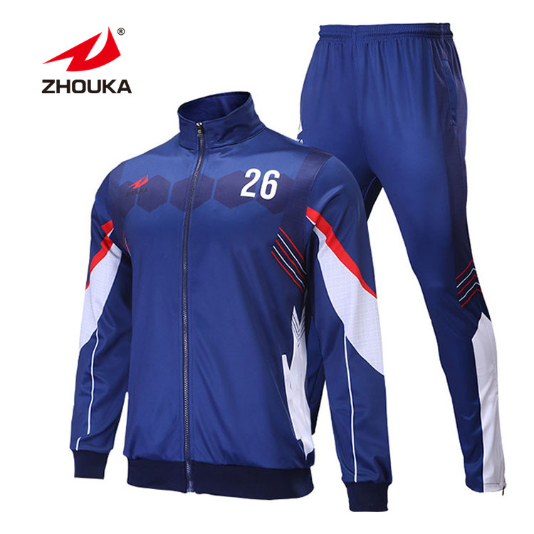 Design Your Own Sublimation Men Sweatsuit Navy Blue and White Jogging Suits Long Zipper Running Wear Custom Mens Tracksuit
