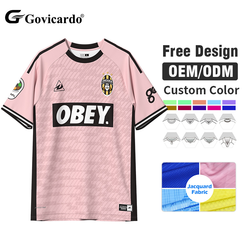 OEM Custom High Quality Jacquard Soccer Wear Embroidered logo Football Shirt Sublimation Pink Soccer Jersey Team Uniform for Men