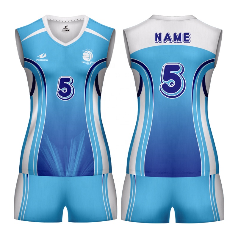Custom Pattern Volleyball Jersey Design Blue and White Full Sublimated Female Volleyball Uniforms Fast Dry Slim Beach Wear Set