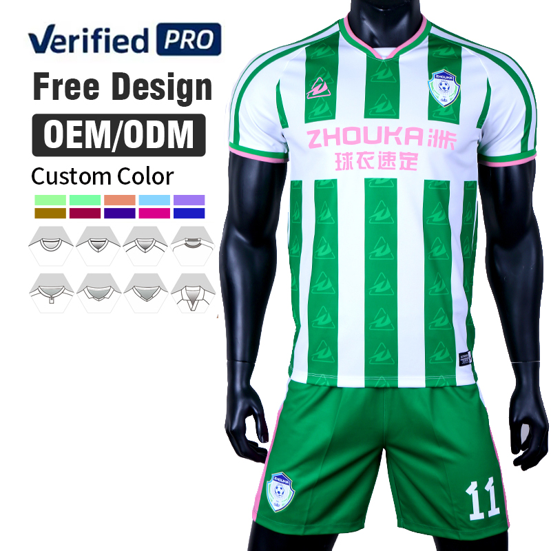 OEM Custom Men's Soccer Jersey Set Green and White Striped Design with Personalized Logo Name Printing Football Soccer Uniforms