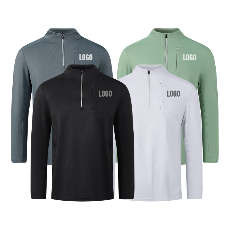 Custom Logo Warm 1/4 Quarter Zip Long Sleeve Men's Slim Fit Gym Sweatshirt Outdoor Workout Fitness Jogging Training Sport Shirt